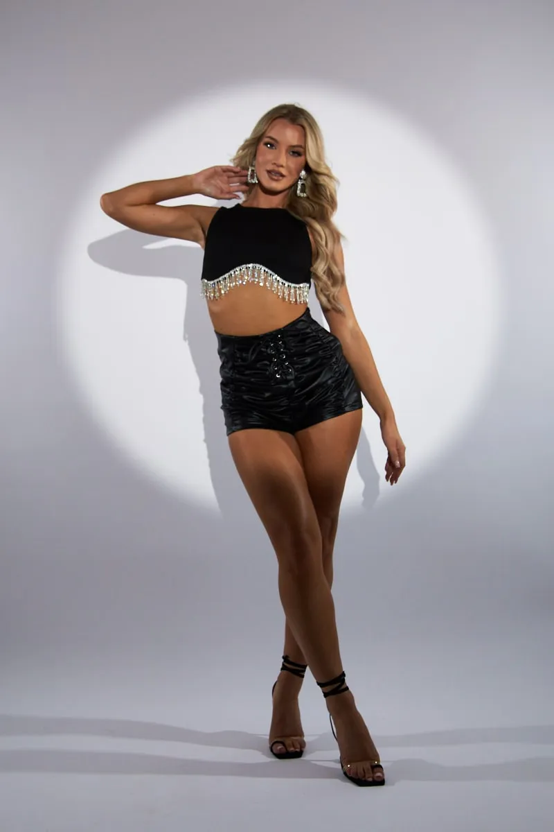 Black Faux Leather Ruched Shorts - Meher