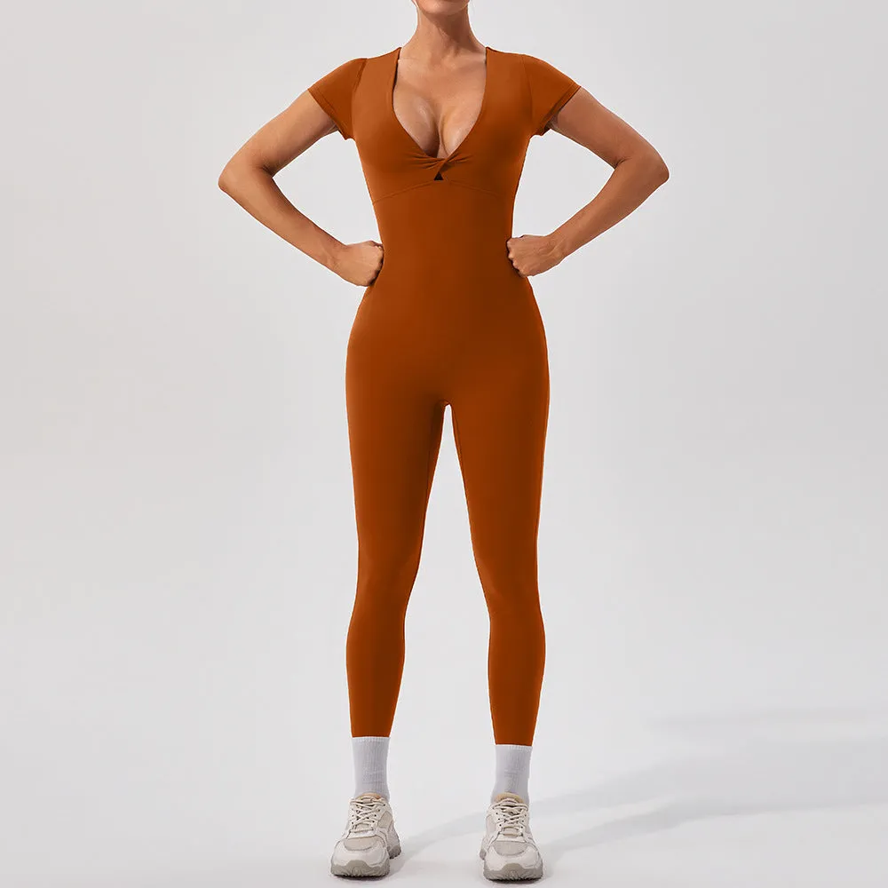 European And American Sexy Nude Feel Short Sleeve Yoga Jumpsuit